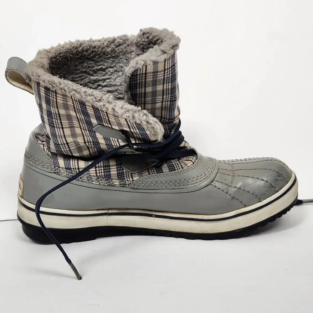 Sorel Gray Plaid Snow Boots Womens Size 10 Waterproof Insulated Faux Fur